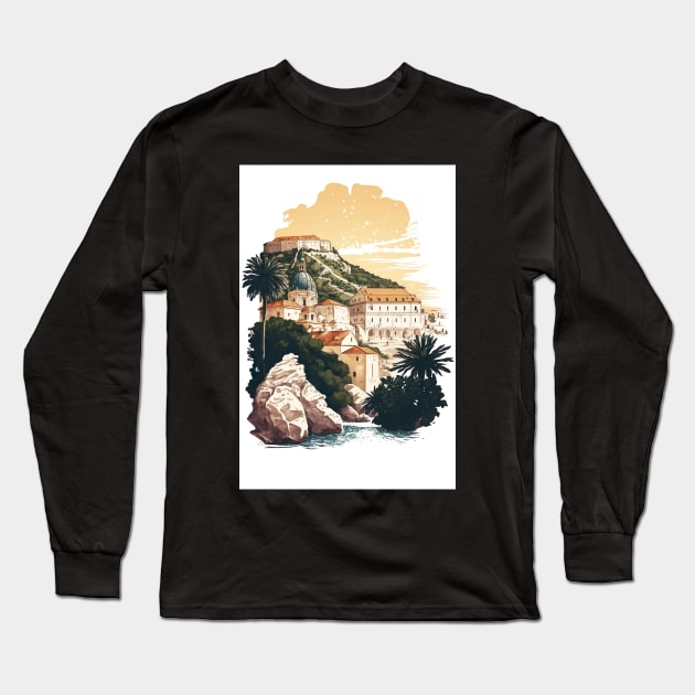 Dubrovnik Croatia Illustration Drawing Long Sleeve T-Shirt by unrealartwork